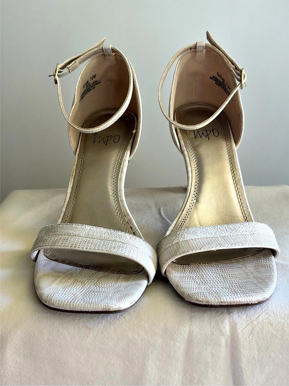 Impo Tatum Textured Ankle Strap Heels in White